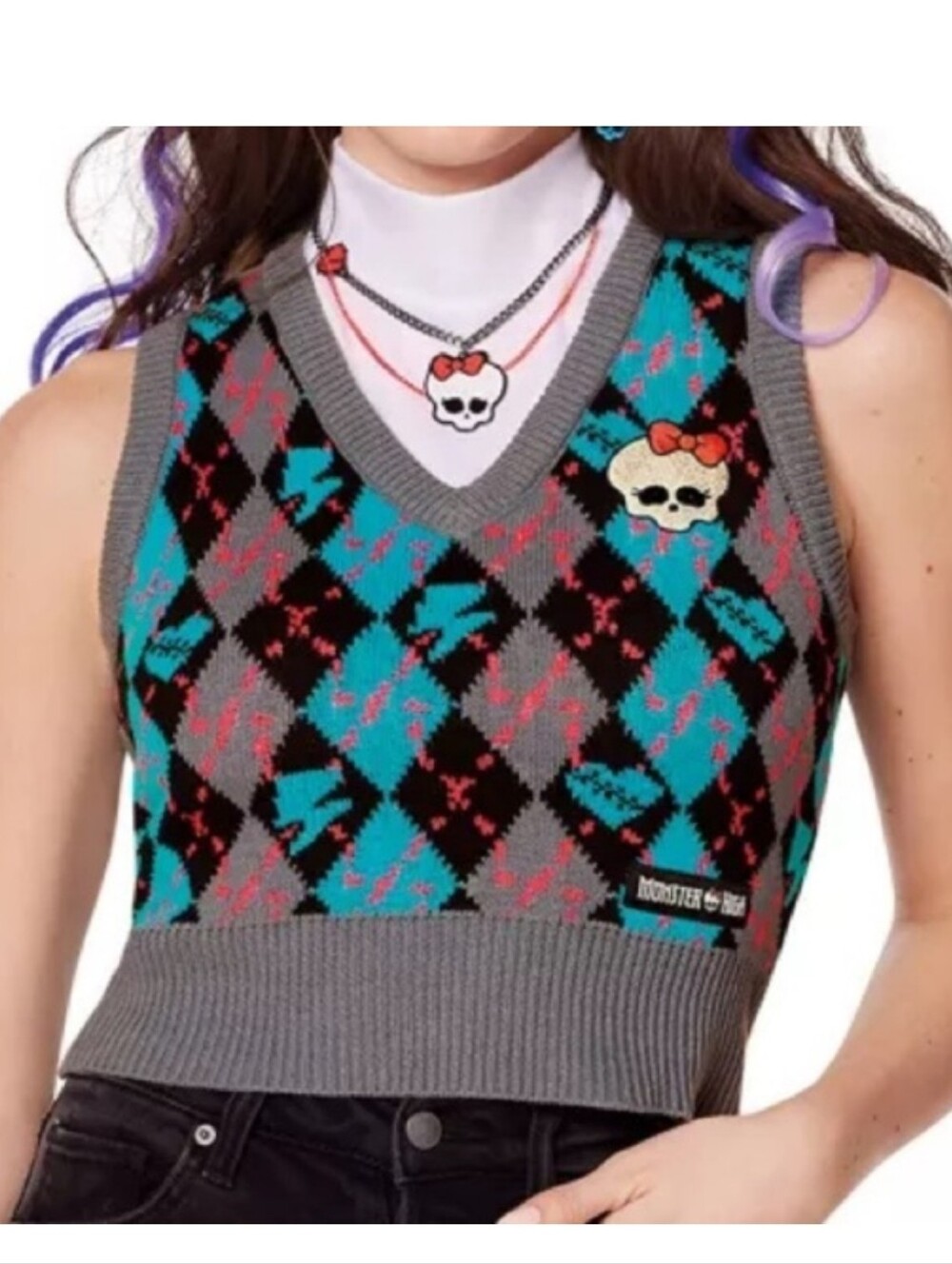 monster high Teal, Gray & Black Argyle V-Neck Sweater Vest